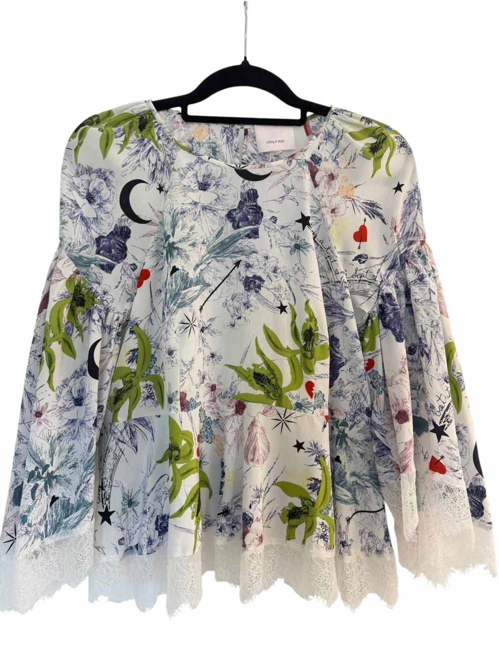 ✅ Cinq a Sept 5a7 White Multi Floral Lace-Hem Peplum Blouse 100% silk size XS